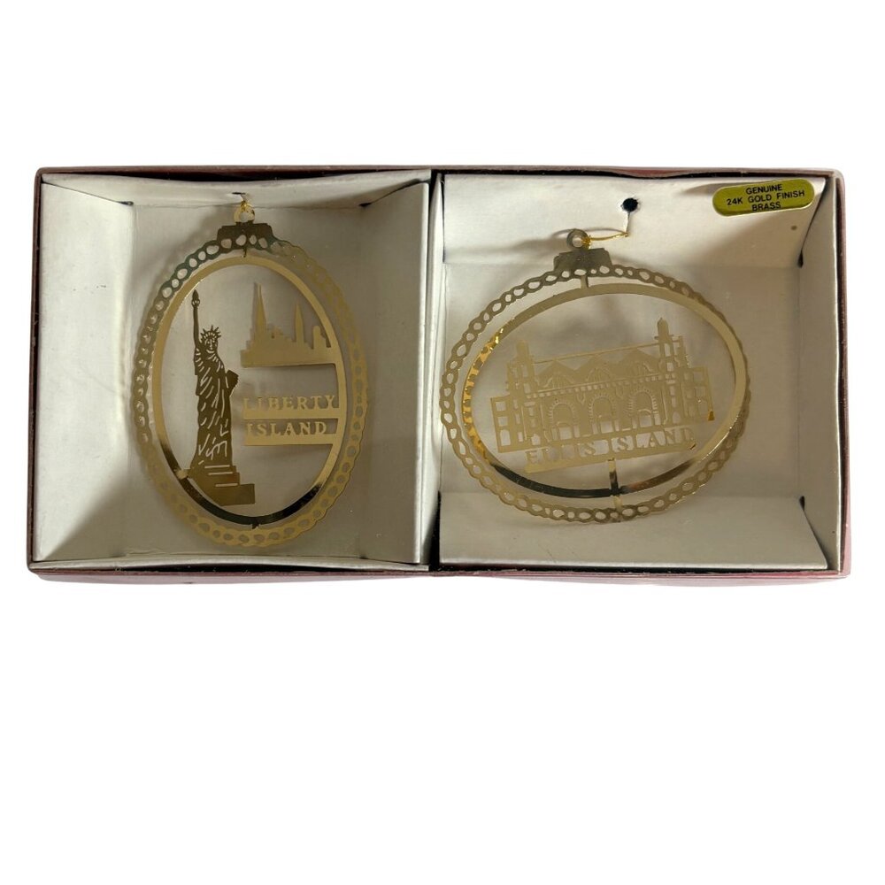 NY Landmarks 24K Gold Finish Over Brass Ornaments Ellis Island Statue of Liberty